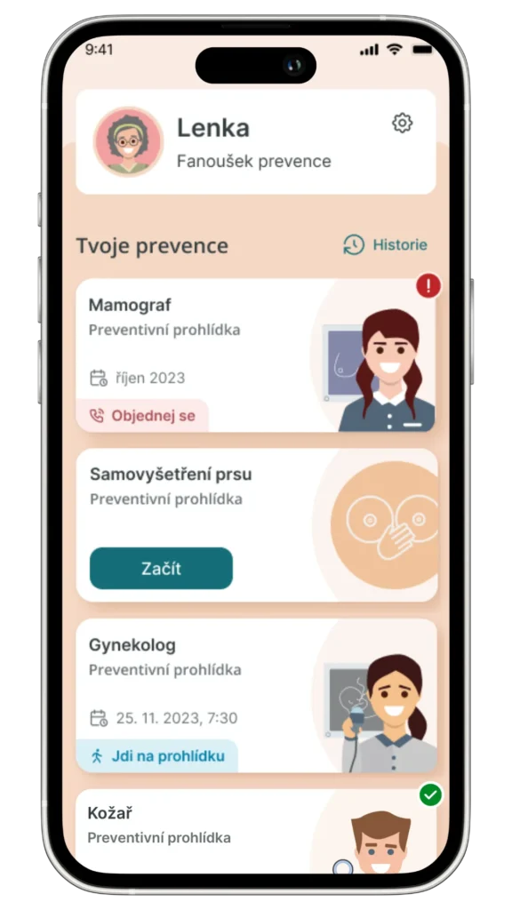 náhled do aplikace preventivka, zobrazení preventivních prohlídek