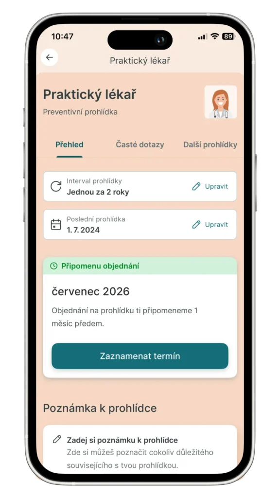 náhled do aplikace preventivka, praktický lékař - objednání